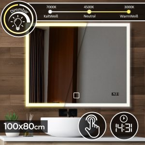 AquamarineÂ® badeværelsesspejl med LED-belysning, 100 x 80 cm, makeupspejl, sminkespejl med touch funktion